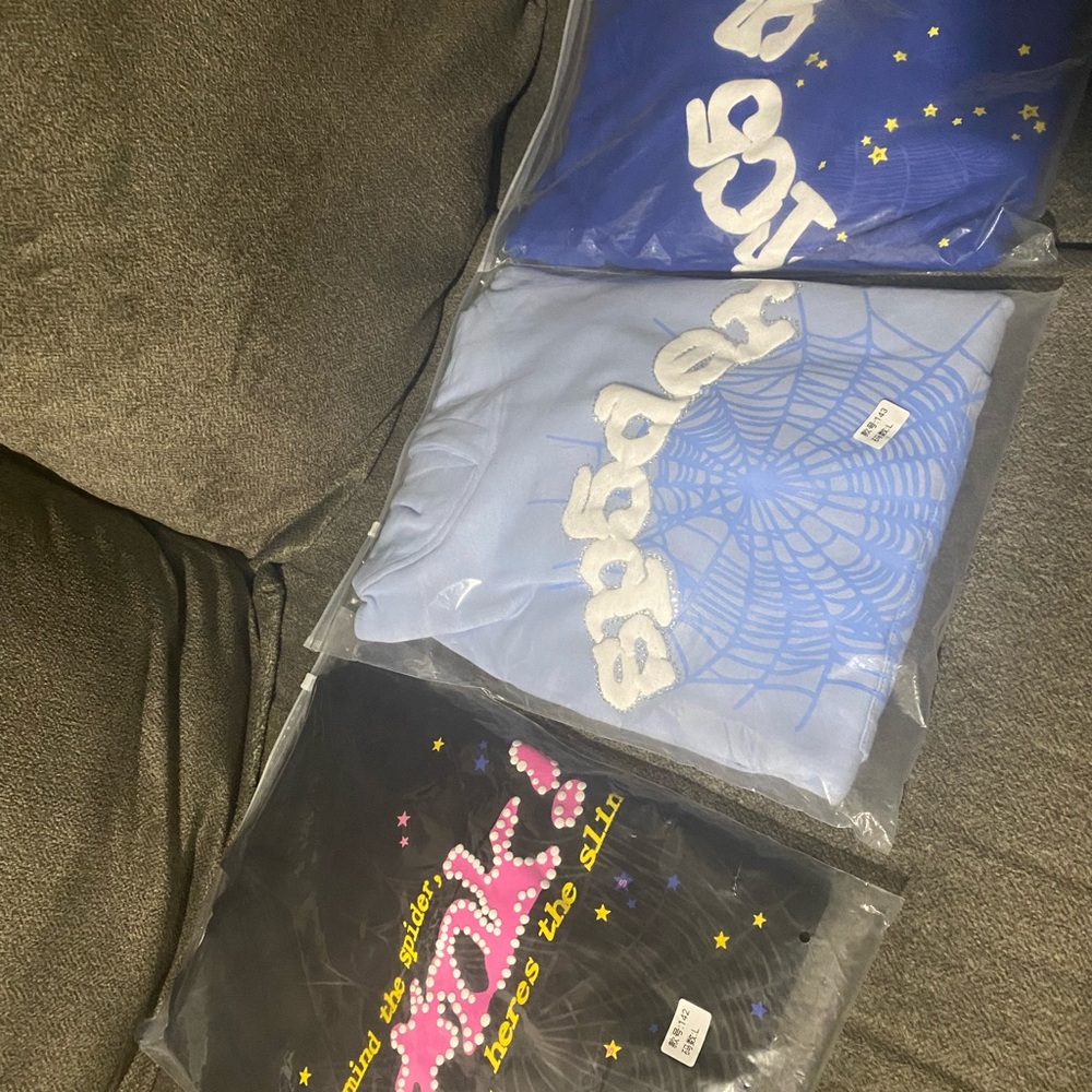 Sp5der hoodies, black, light blue, navy blue,